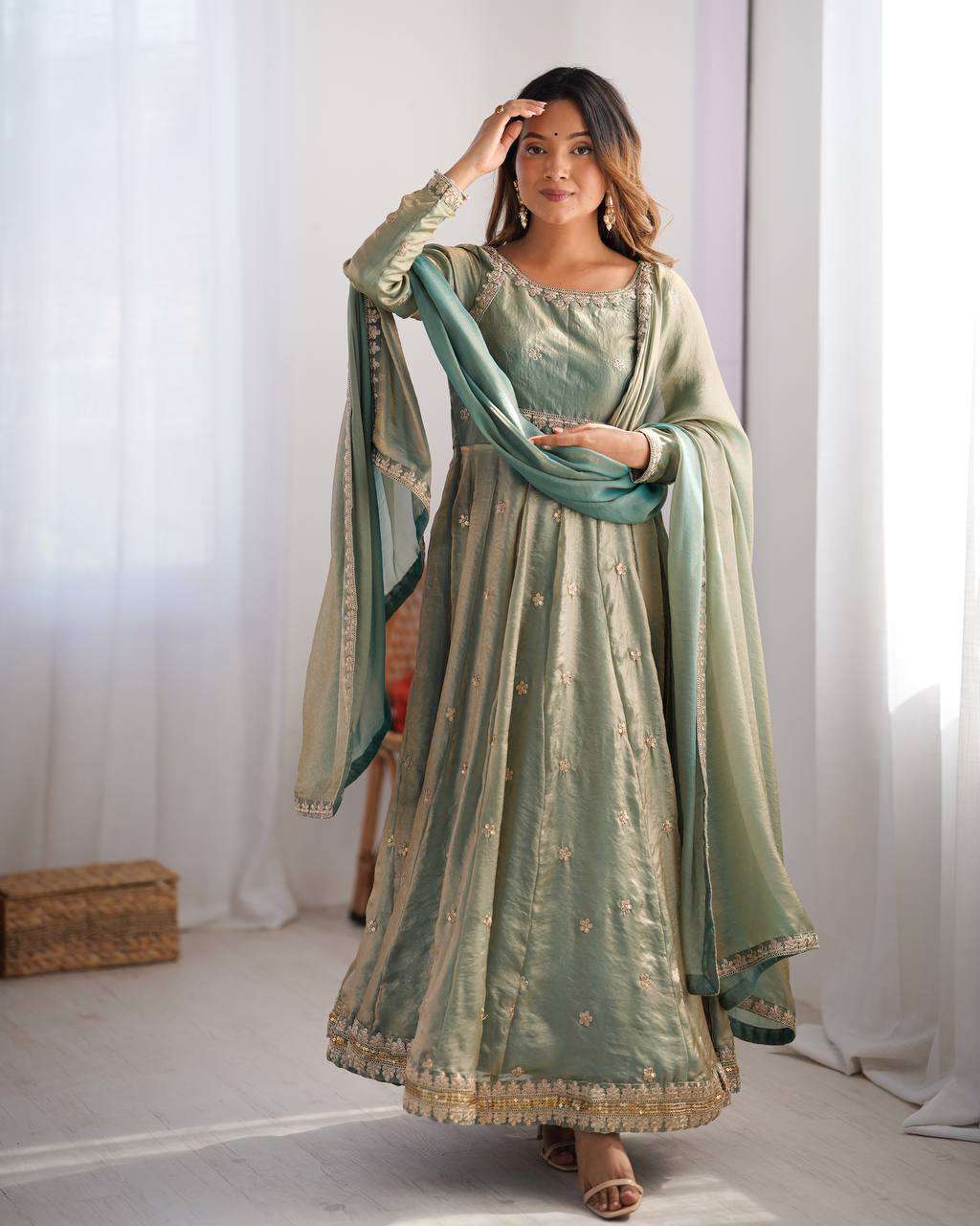 Women's Fandy Silk Coding with Sequnce work Long Anarkali Kurti Gown With Dupatta - Image 5